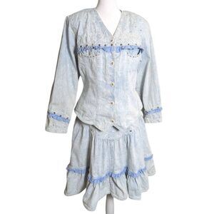 Vintage 90s Monique Fashions Blue Studded Stonewash Denim Jacket & Skirt Set L